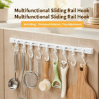 Adjustable 10-Hook Slide Rail Organiser – Multifunctional Adhesive Storage Rack for Kitchen & Bathroom