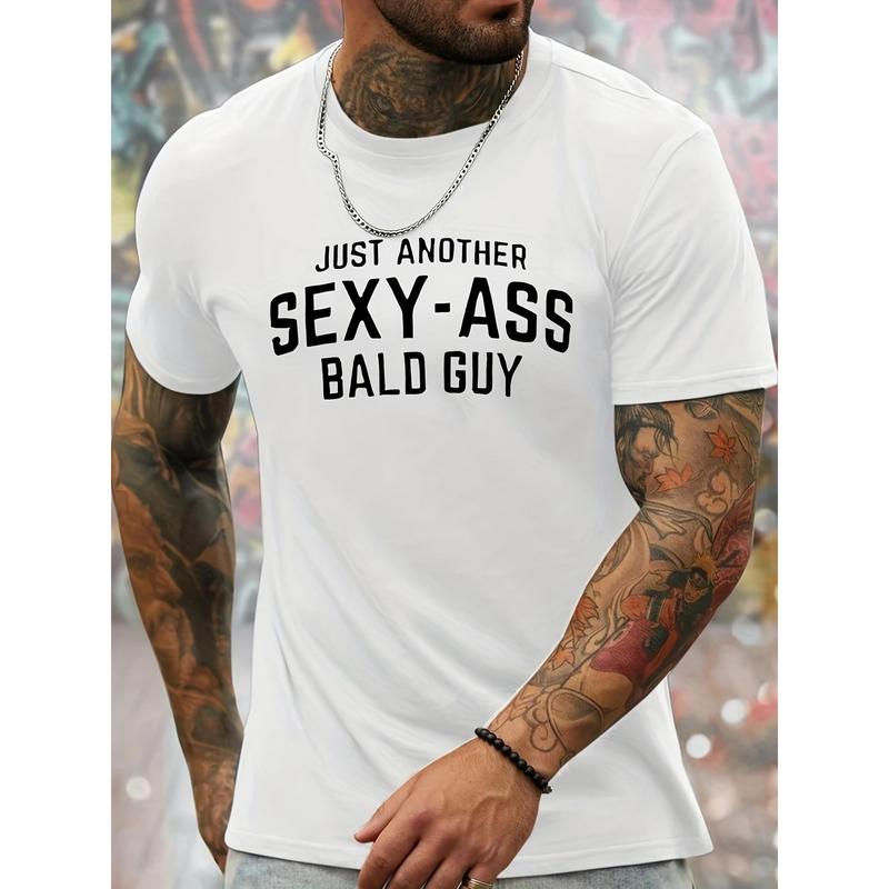 Bald Guy Print Men's Crew Neck Fashionable Short Sleeve Sports T-shirt, Comfortable And Versatile, For Summer And Spring, Athletic Style, Comfort Fit T-Shirt, As Gifts