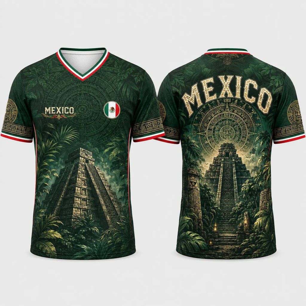 2026 Mexico Dark Green V-Neck Soccer Jersey – Aztec Calendar & Ancient Temple Graphic Tee