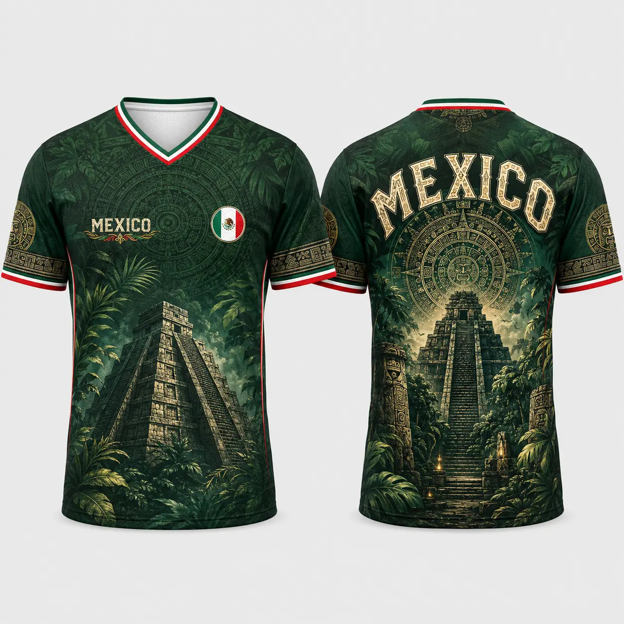 2026 Mexico Dark Green V-Neck Soccer Jersey – Aztec Calendar & Ancient Temple Graphic Tee