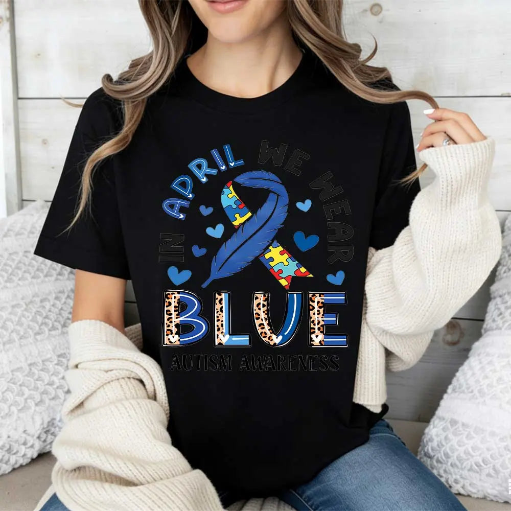 "In April We Wear Blue" Shirt | Autism Awareness Ribbon & Puzzle Tee