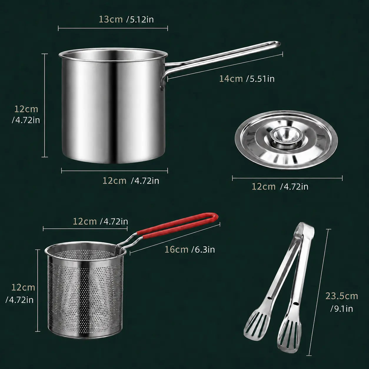 3-Piece Stainless Steel Mini Deep Fryer Set – Portable Pot with Strainer Basket & Food Tongs