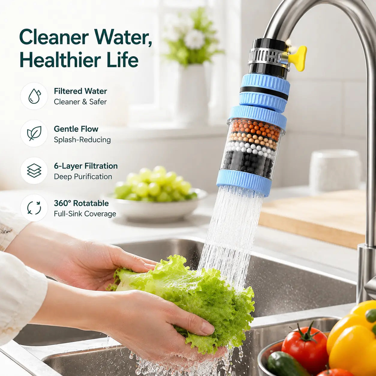 360° Rotatable 6-Layer Faucet Water Filter – Splash-Free Kitchen Sink Strainer