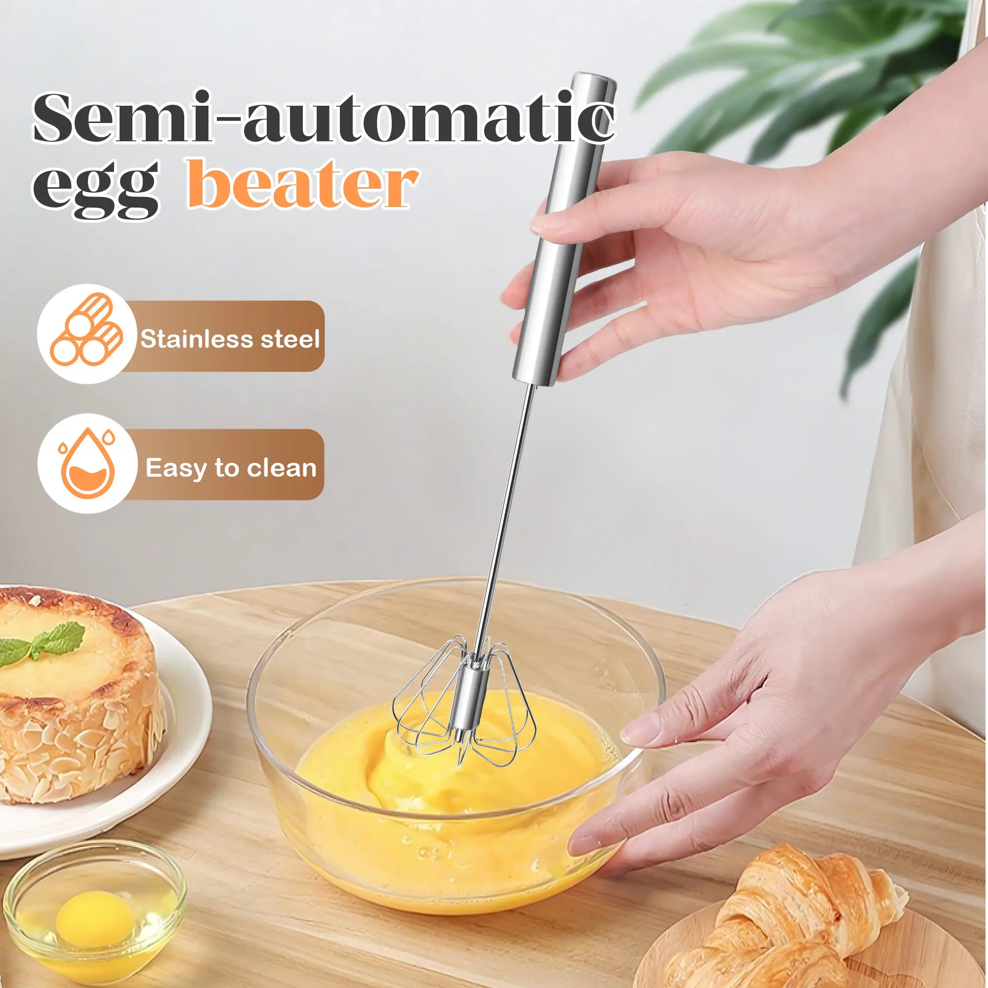 Semi-Automatic Stainless Steel Rotary Whisk – Hand-Push Food-Grade Egg Beater