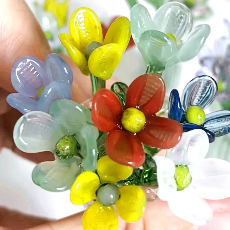 Handcrafted Mini Glass Artificial Flower Set – 10Faux Flowers with Vase Decorative Bouquet