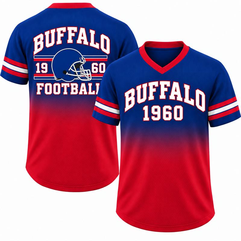 Game Day Gradient V-Neck Jersey – City Helmet Print Short-Sleeve Mesh Fan Shirt