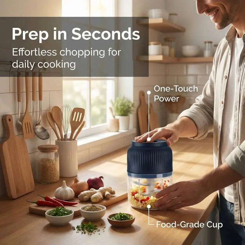 Cordless Electric Garlic Chopper (300ML) – Portable 4-Blade Food Processor & Veggie Grinder