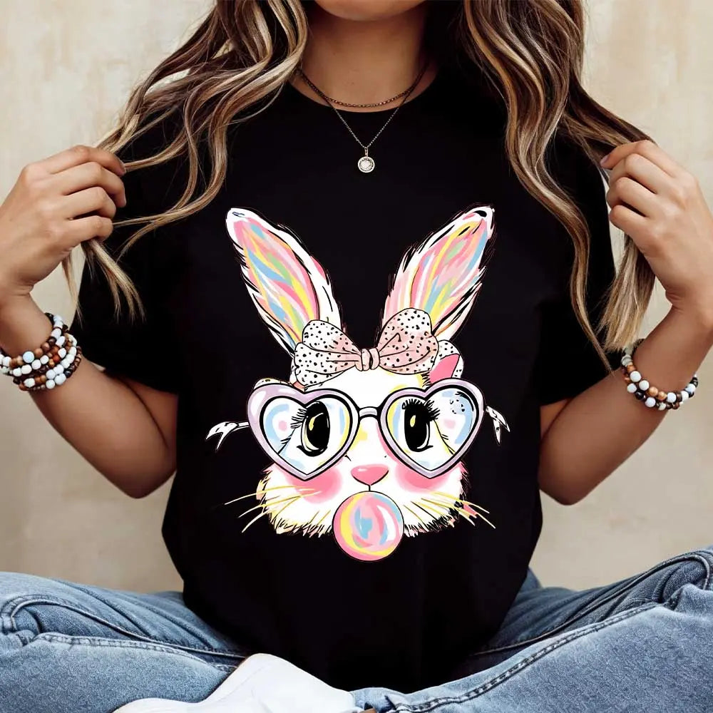 Cute Easter Bunny T-Shirt | Colorful Rabbit with Heart Glasses & Bubblegum