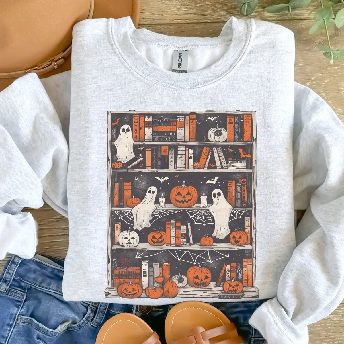 Ghost Bookcase Sweatshirt – Ash Grey Cozy Reading Graphic Pullover