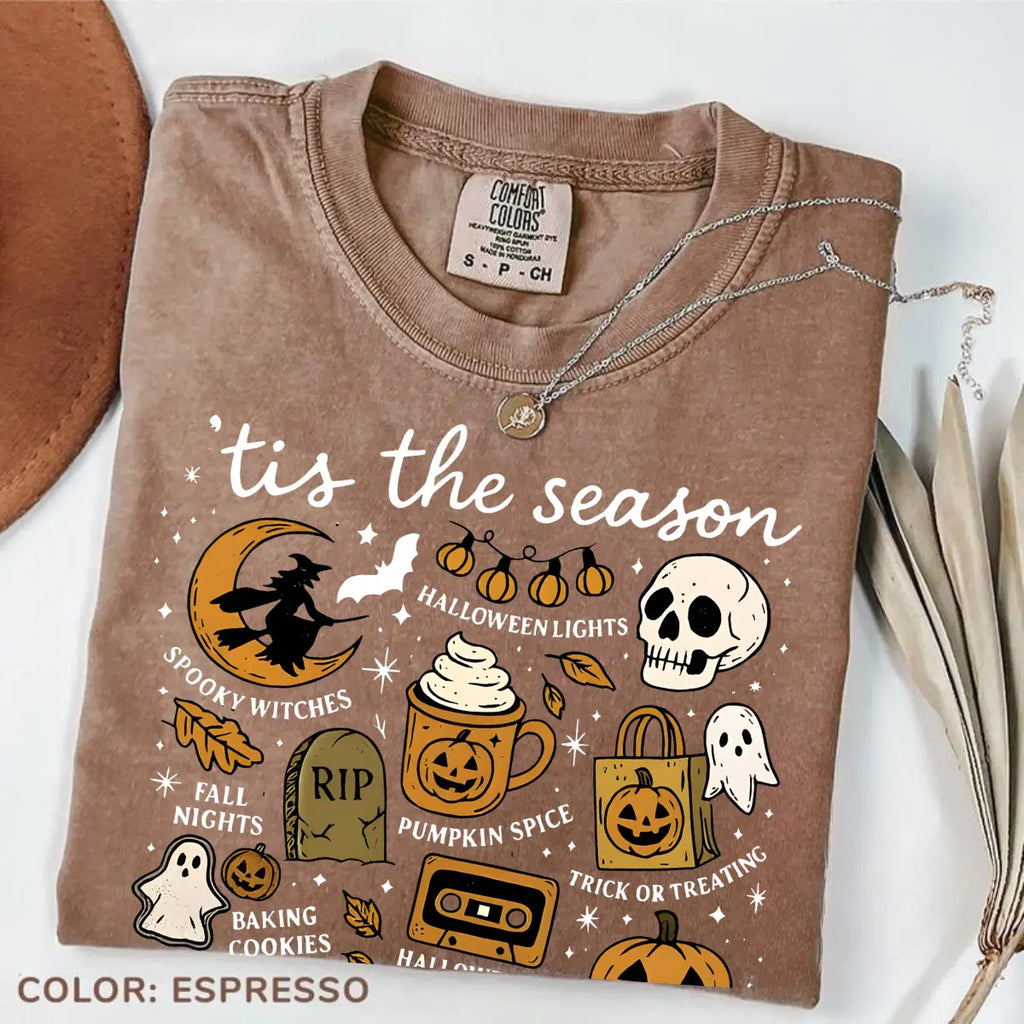 Comfort Colors Tis The Season Halloween Tee – Cute Coquette Retro Pumpkin Spooky Graphic Shirt