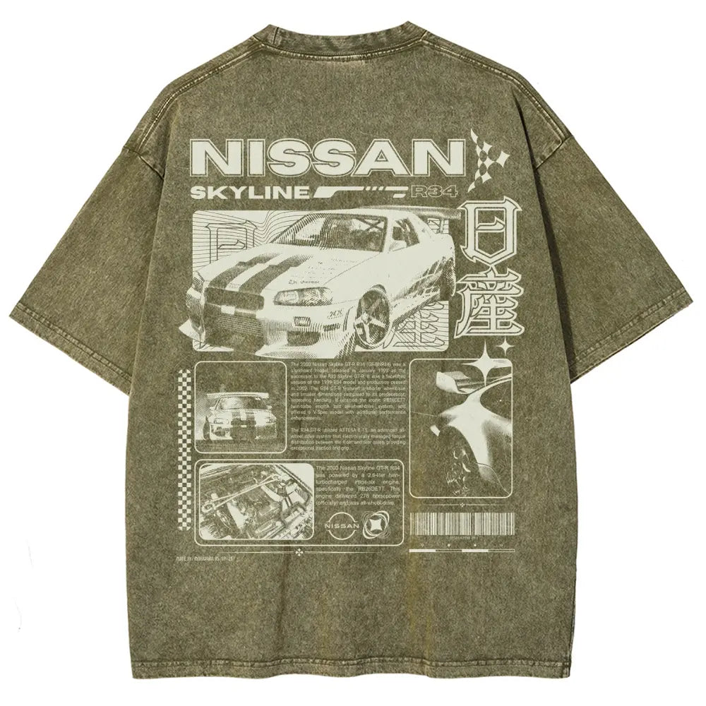 Vintage Skyline JDM Graphic Tee | Washed Heavyweight Streetwear Shirt