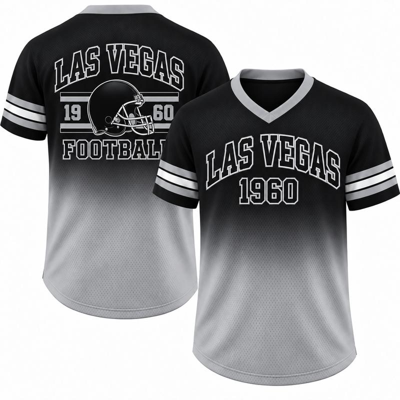Game Day Gradient V-Neck Jersey – City Helmet Print Short-Sleeve Mesh Fan Shirt