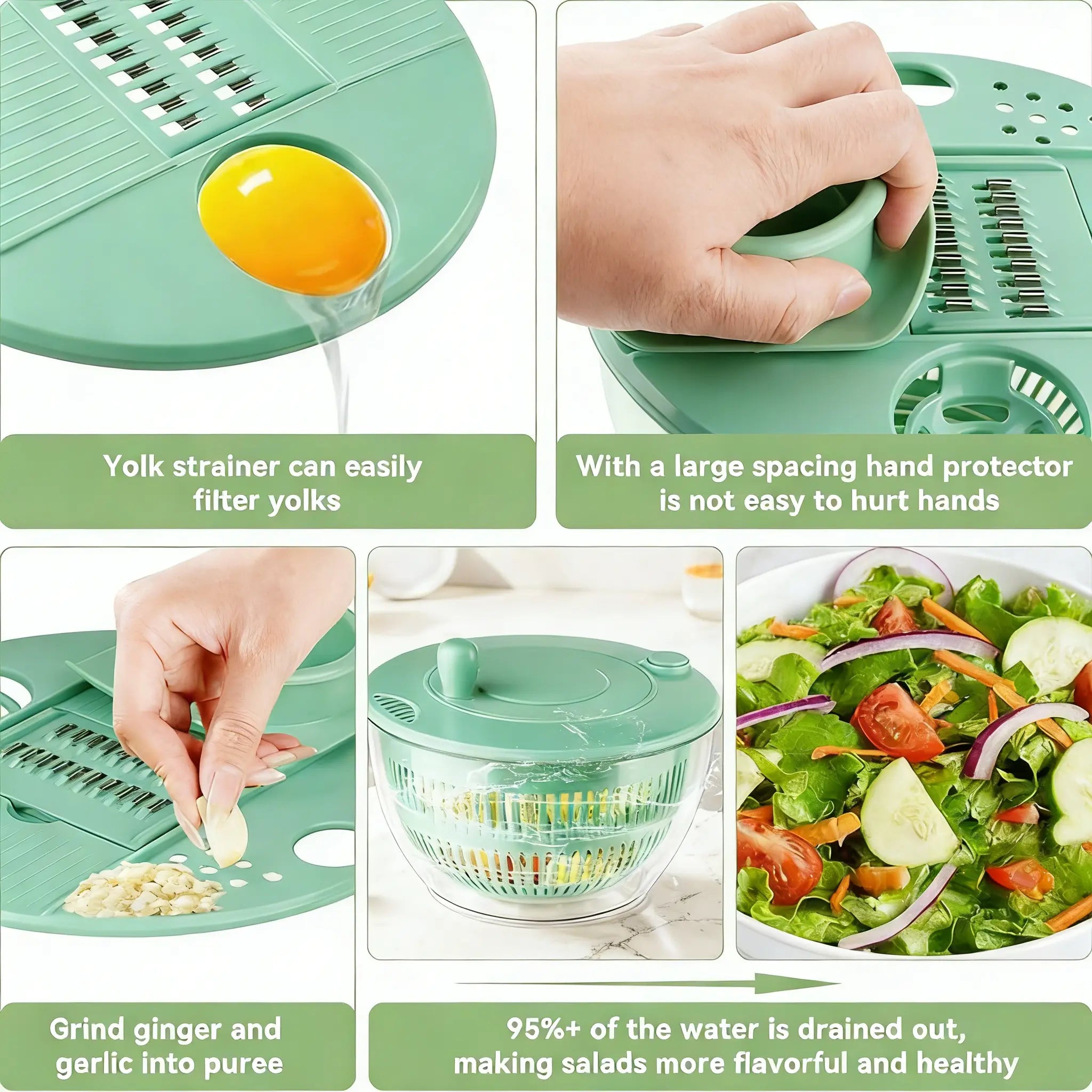 3-in-1 Large Salad Spinner & Vegetable Washer (5.3 Qt) - Includes 5-Blade Slicer, Strainer & Egg Separator