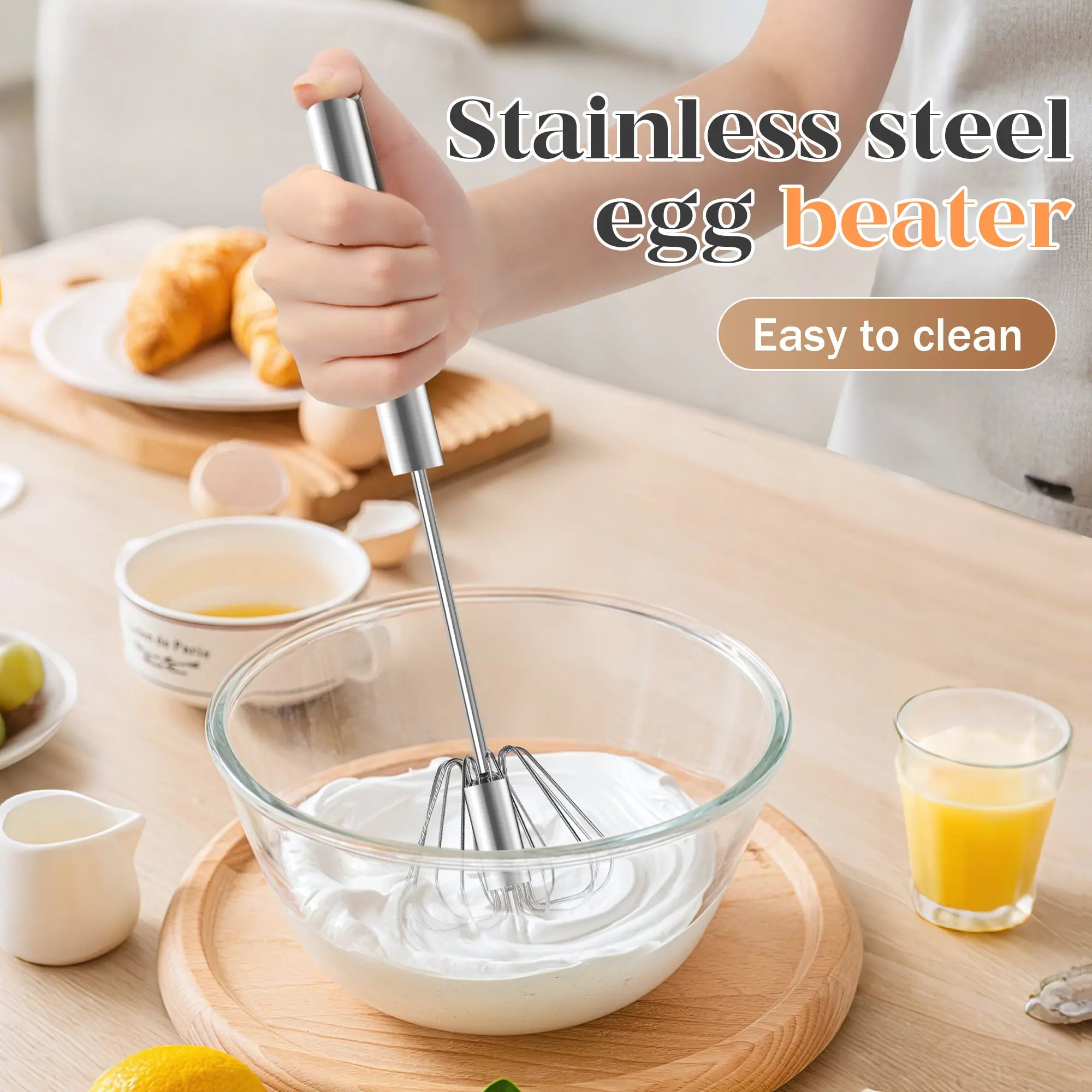 Semi-Automatic Stainless Steel Rotary Whisk – Hand-Push Food-Grade Egg Beater