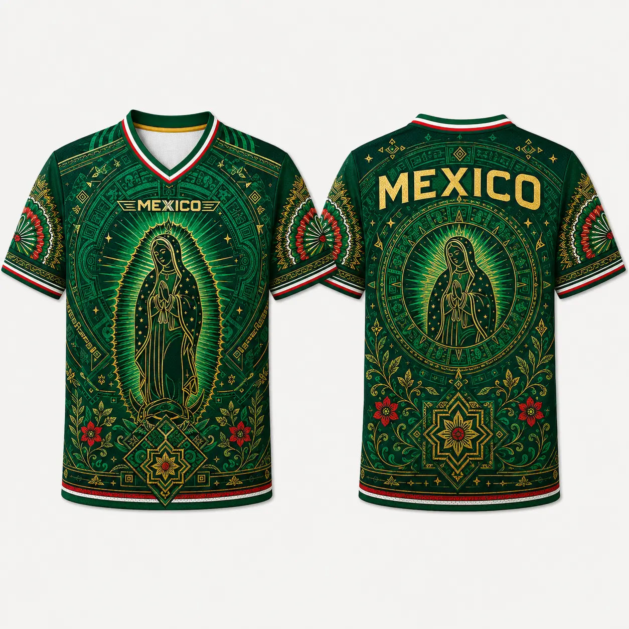 2026 Mexico Inspired Green V-Neck Soccer Jersey – Guadalupe & Aztec Art Graphic Fan Tee
