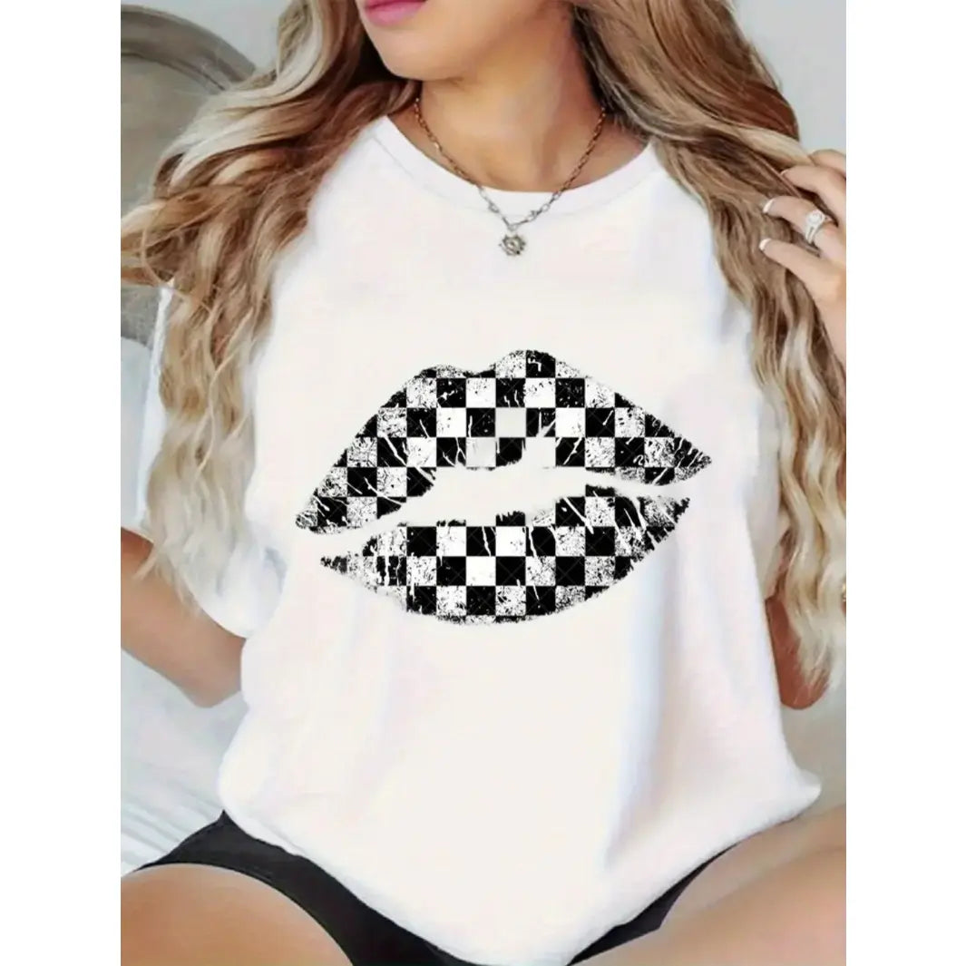 "Checkered Lips" Graphic Tee | Y2K Aesthetic Black & White Streetwear
