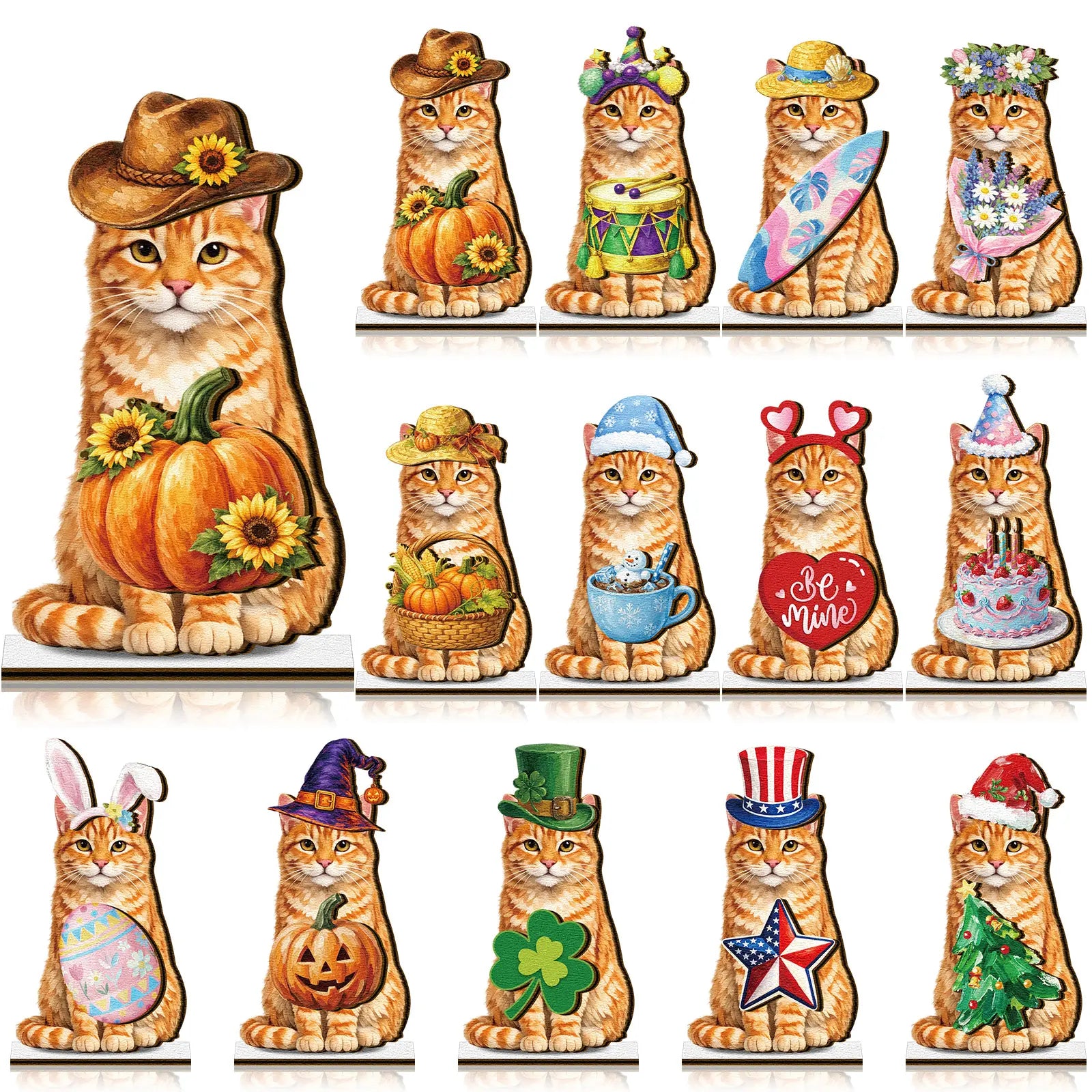 Interchangeable Cat Wooden Desk Decor with Magnetic Seasonal Hats – Cute Holiday Gift for Cat Lovers