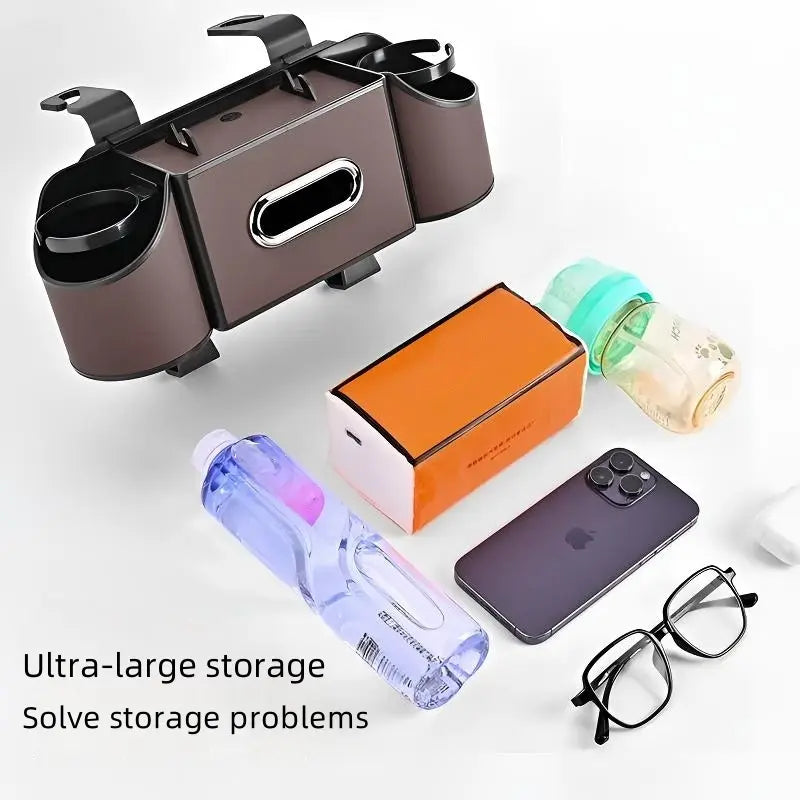 Multifunctional Car Seat Back Organizer: Storage Box with Tissue Holder, Dual Cup Holders & Bag Hooks