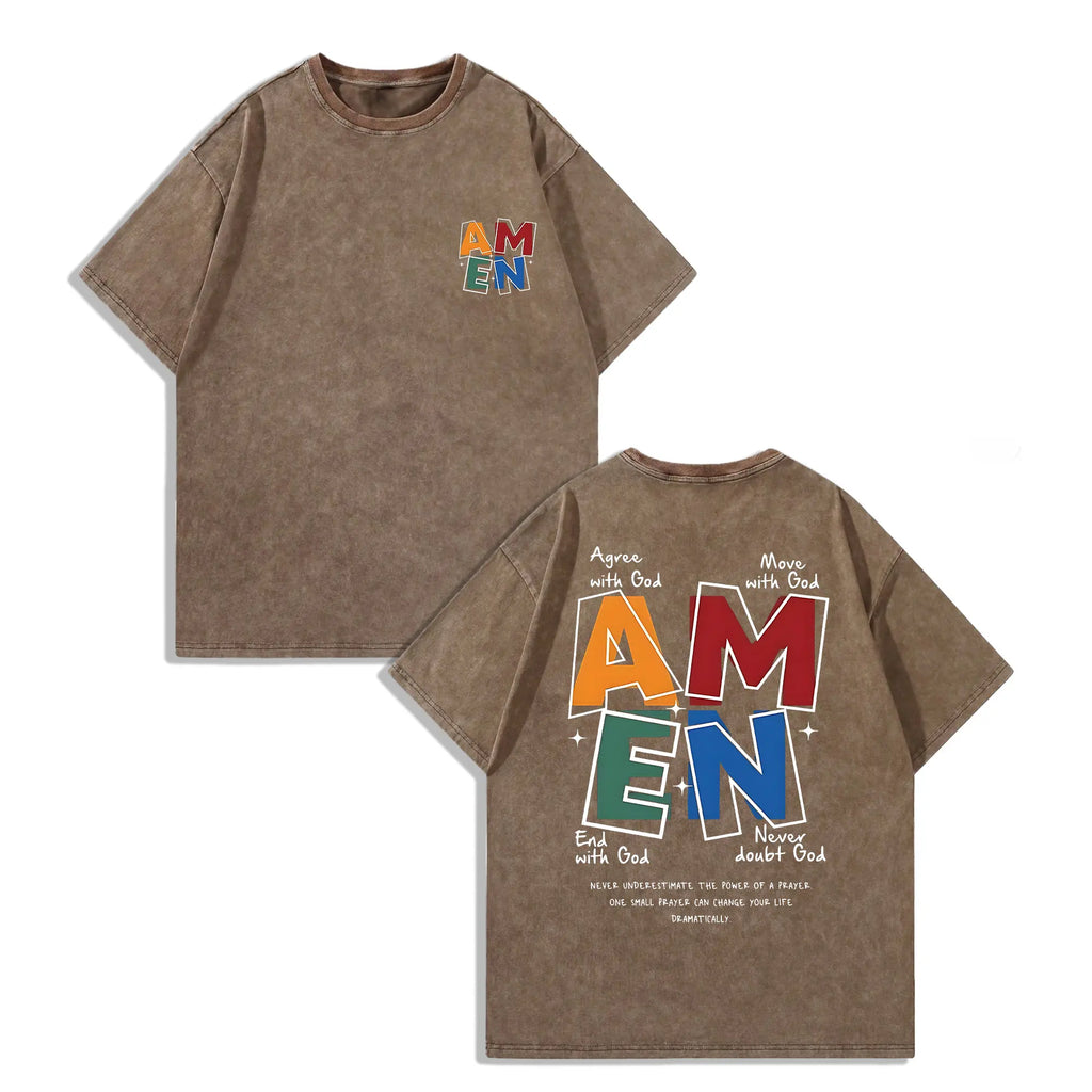 AMEN Vintage Distressed Tee | 230g Premium Washed Cotton | Classic Letter Graphic T-Shirt - Unisex Casual Fit