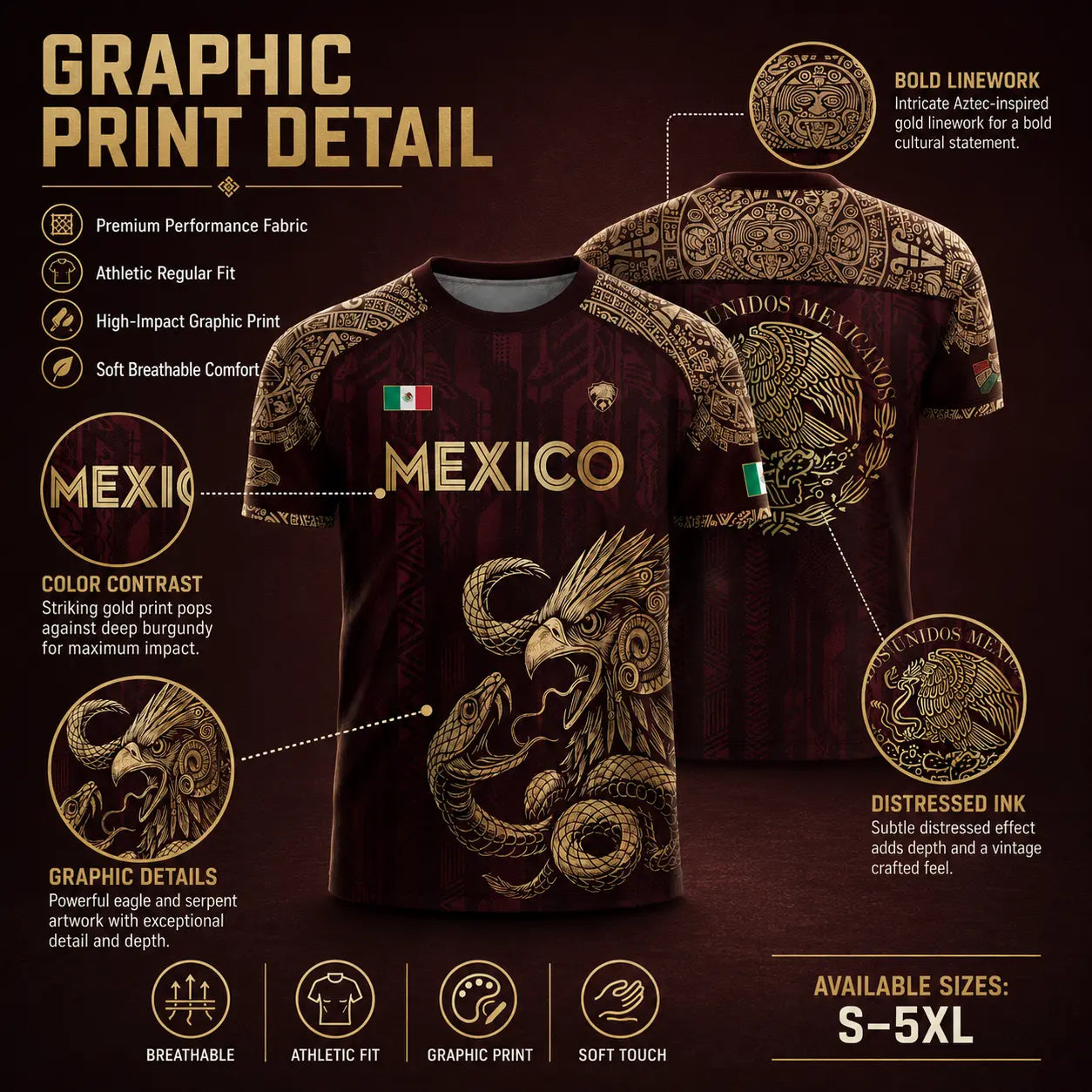 Mexico Soccer Jersey – Aztec Eagle & Serpent Graphic Shirt, Unisex Short Sleeve Burgundy & Gold Fan Apparel