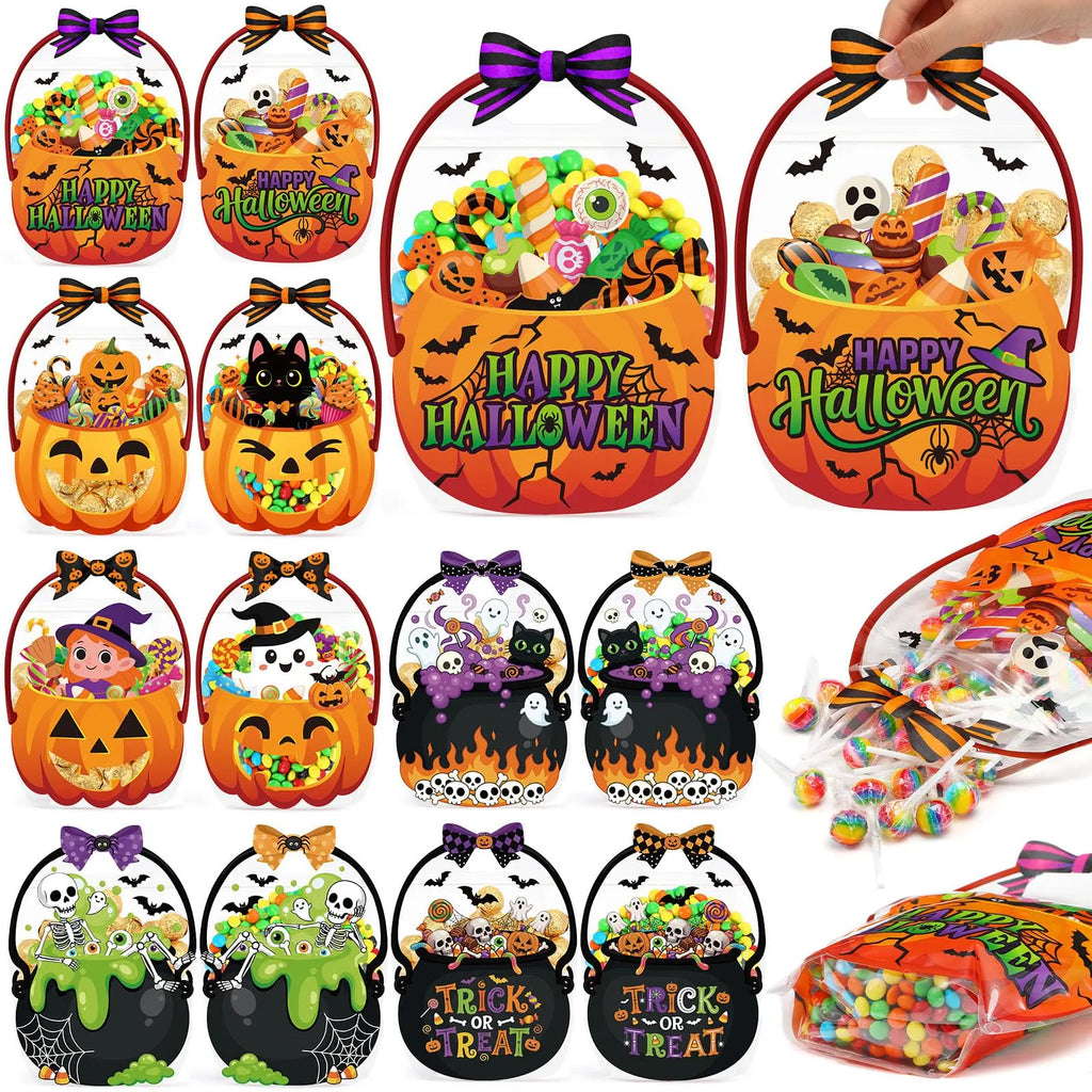 24/50-Pack Halloween Plastic Goodie Bags – Trick-or-Treat Candy Bags with Pumpkin & Skeleton Design