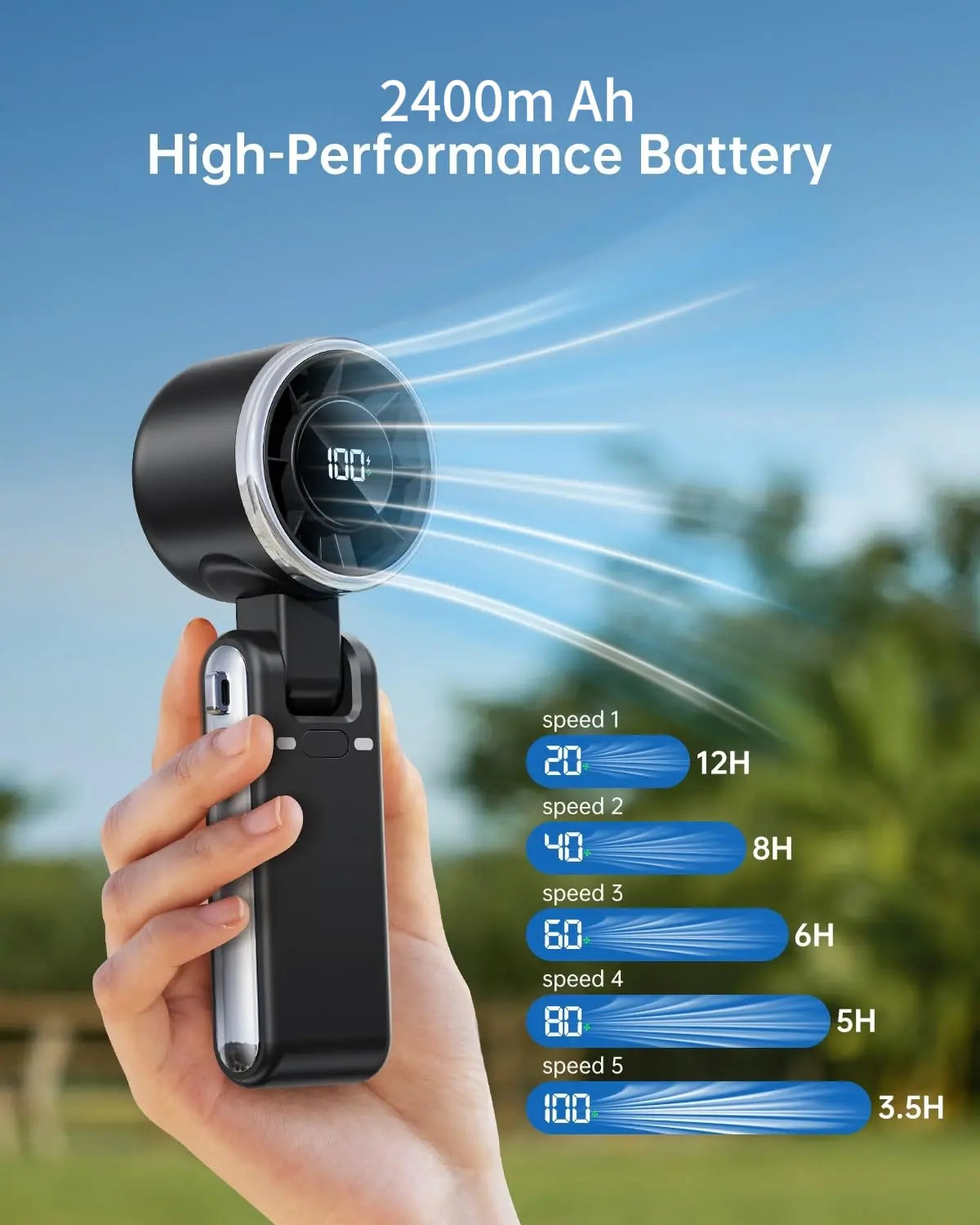 5-Speed Portable Turbo Handheld Fan: 12H Long-Life Battery for Travel & Beach