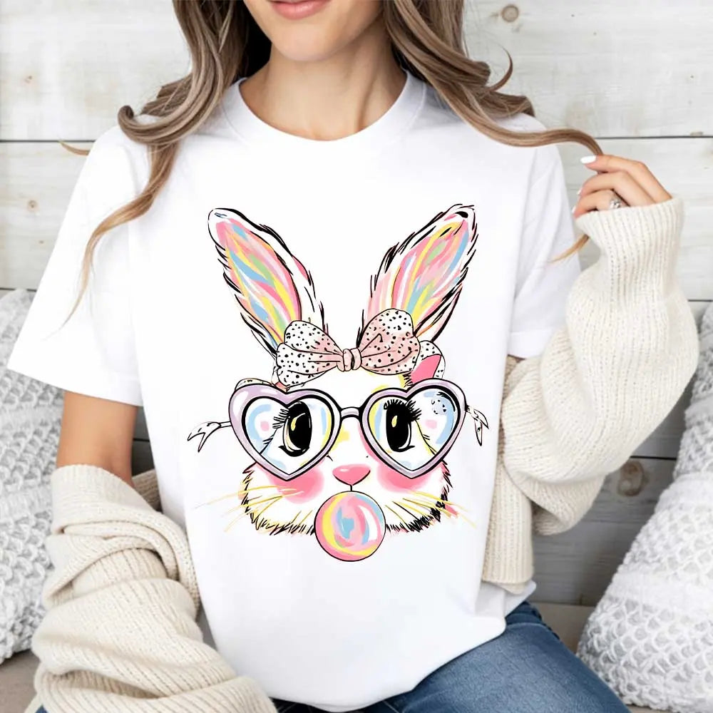 Cute Easter Bunny T-Shirt | Colorful Rabbit with Heart Glasses & Bubblegum