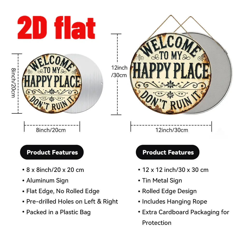 "Welcome to My Happy Place" Metal Wall Art - Multicolor Farmhouse Tin Sign Decor