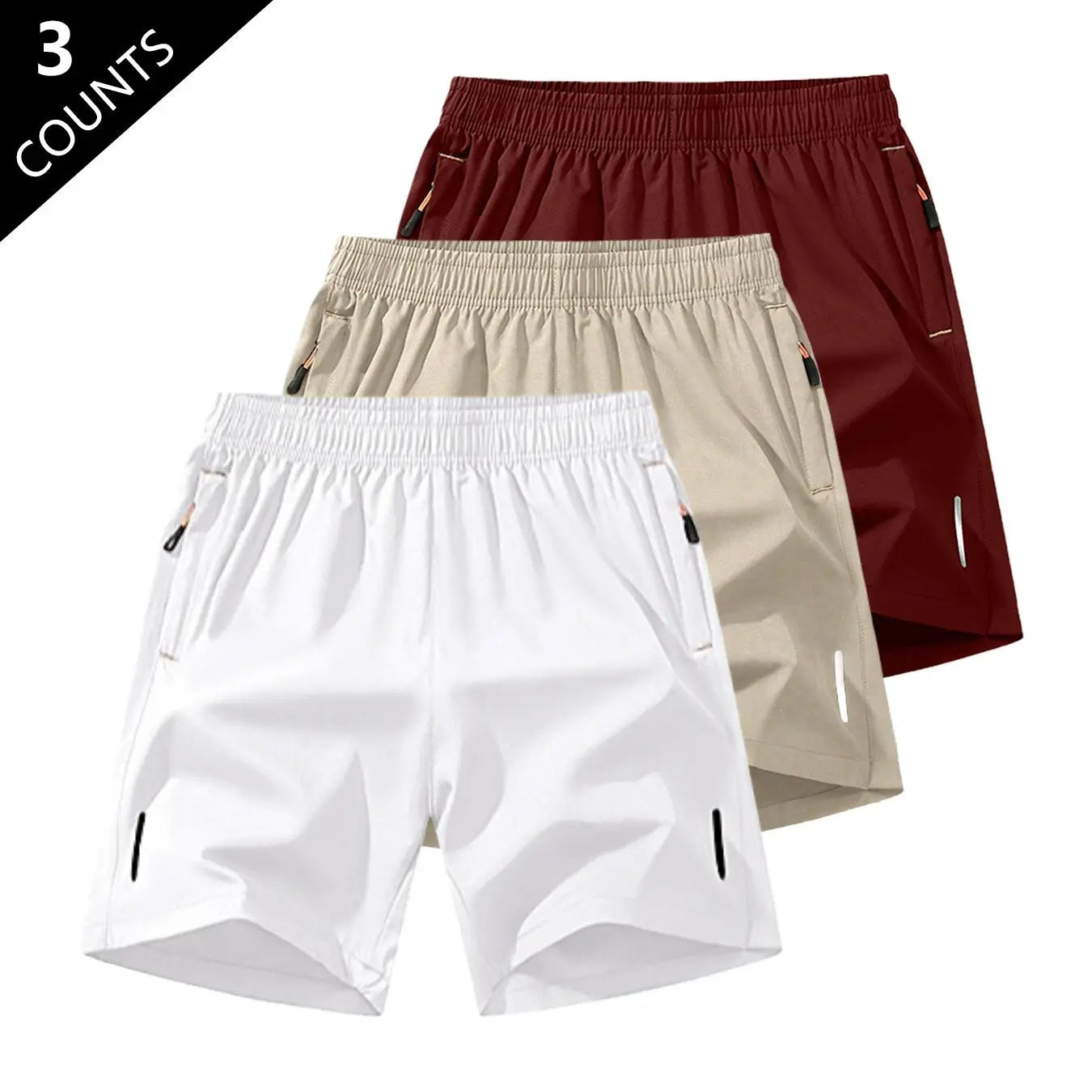 Men's Solid-Color Casual Summer Shorts with Zippered Pockets (97% Polyester/3% Spandex) - Tropical Beige