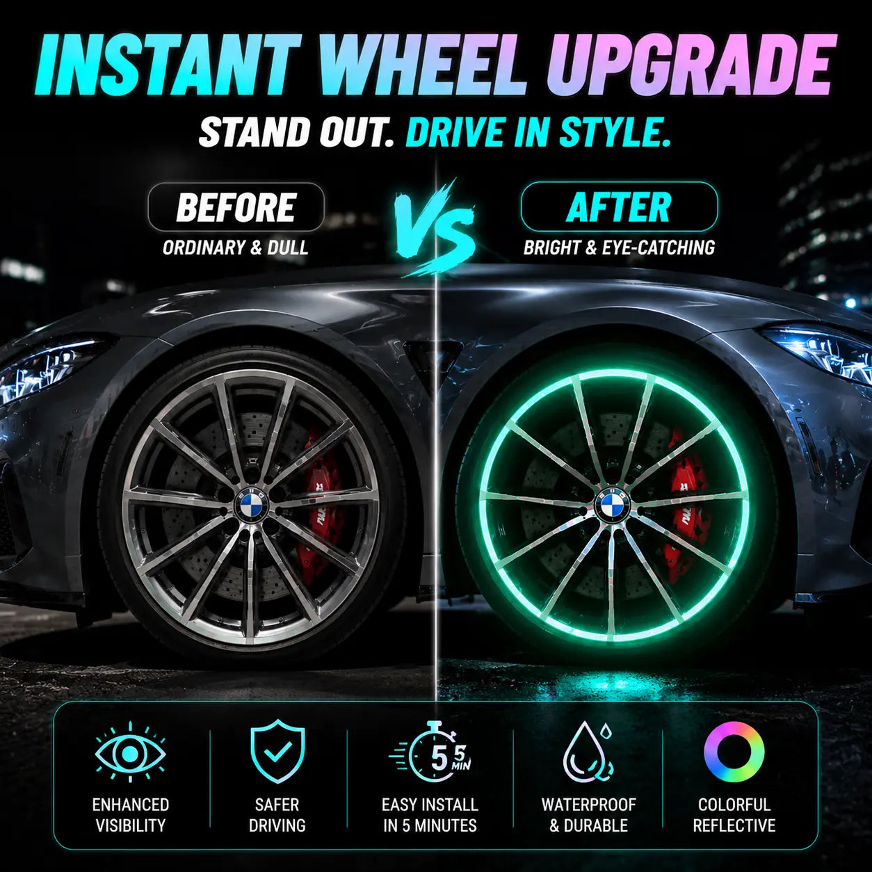 60-Piece Glow in The Dark Reflective Wheel Rim Stickers – Waterproof Universal Decals for Cars
