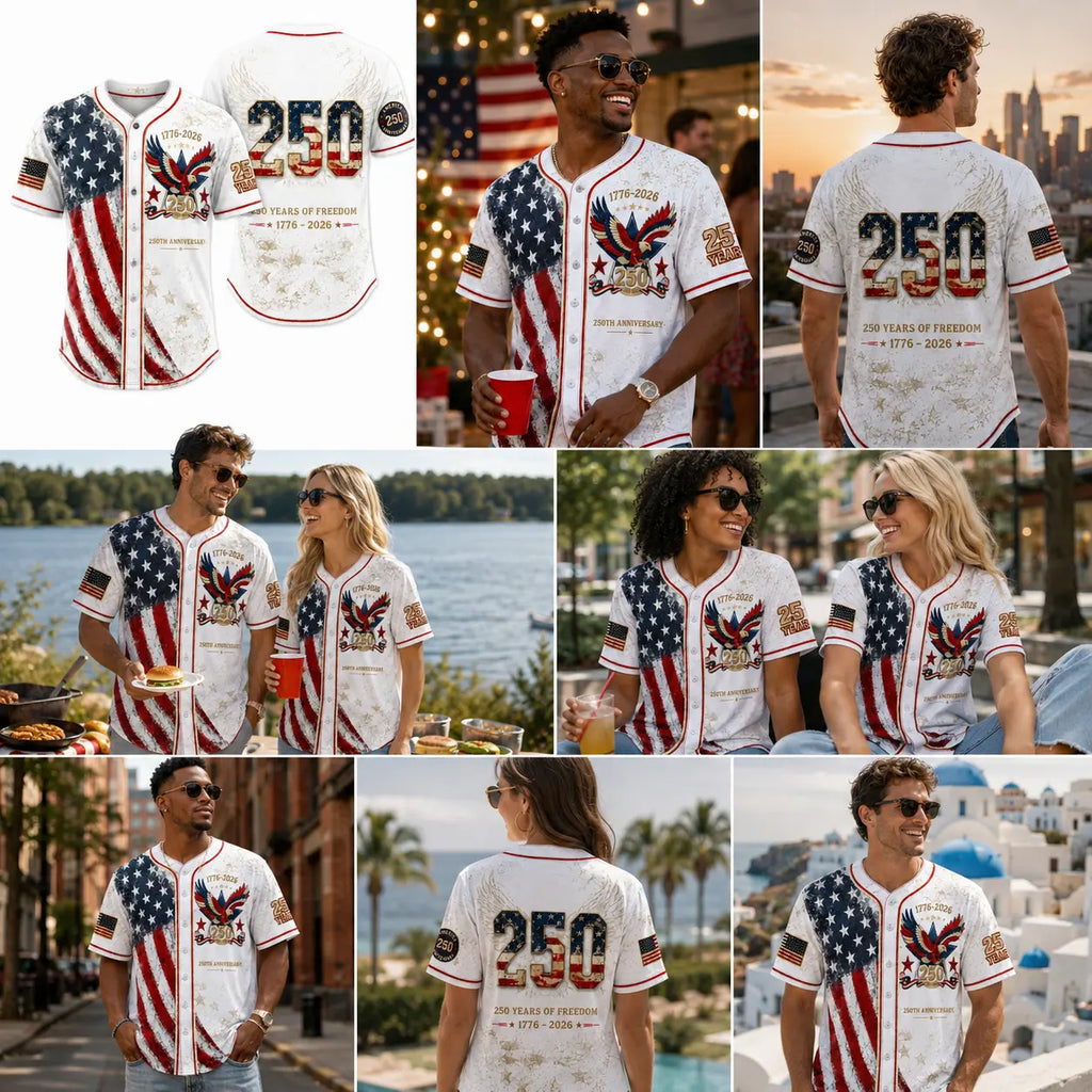 Men's USA 250th Anniversary Baseball Jersey – Vintage Patriotic 1776-2026 Eagle Button Down Shirt