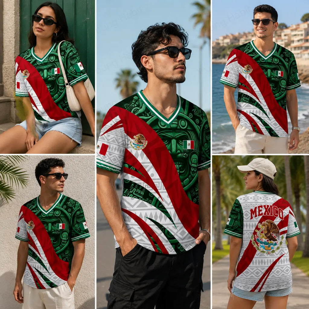 Mexico Flag Eagle V-Neck Jersey – Aztec Pattern Patriotic Soccer Style Shirt