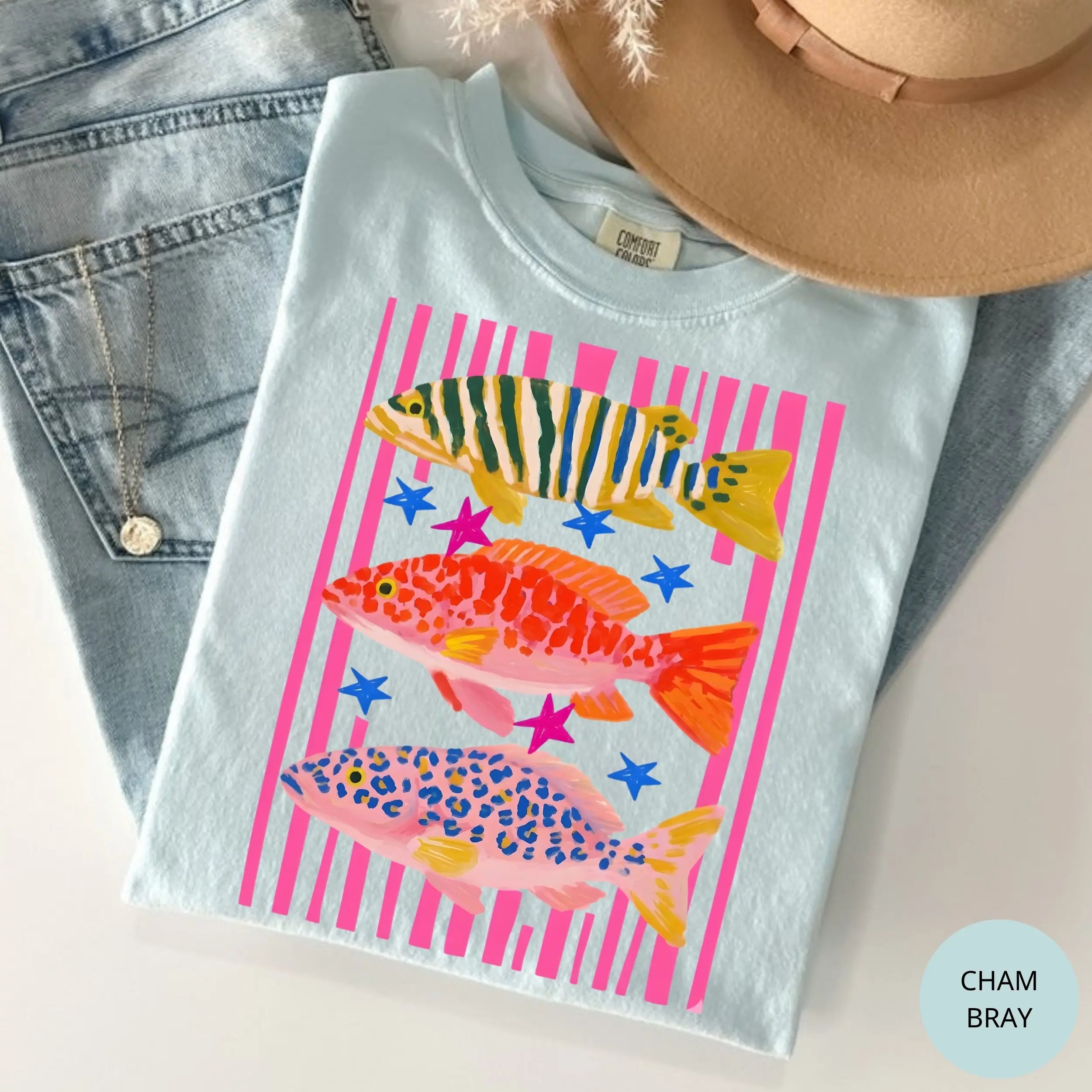 Comfort Colors Preppy Fish Tee - Colorful Maximalist Sublimation Beach Shirt for Girls & Women