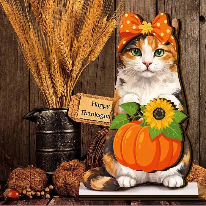 Interchangeable Cat Wooden Desk Decor with Magnetic Seasonal Hats – Cute Holiday Gift for Cat Lovers