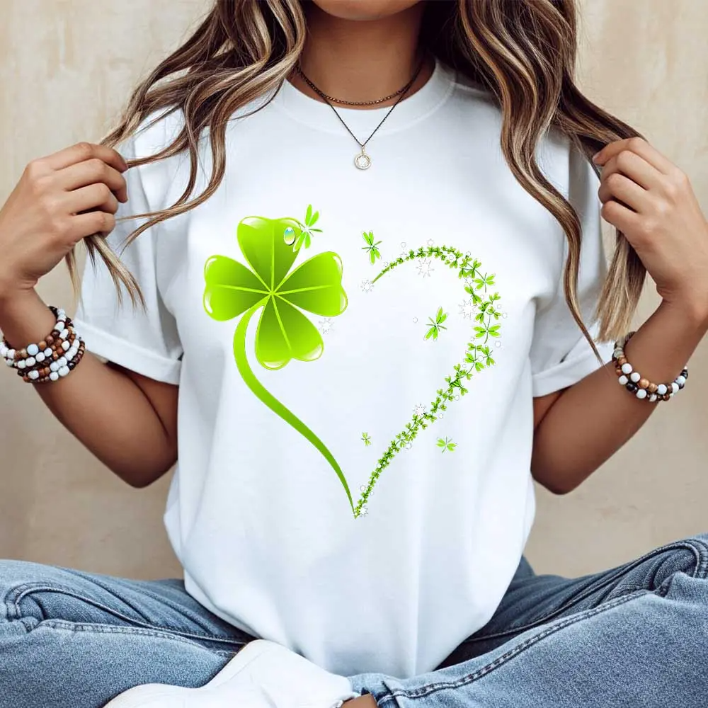 Crew Neck T-Shirt Four Leaf Clover Heart Design St Patrick's Day Celebration