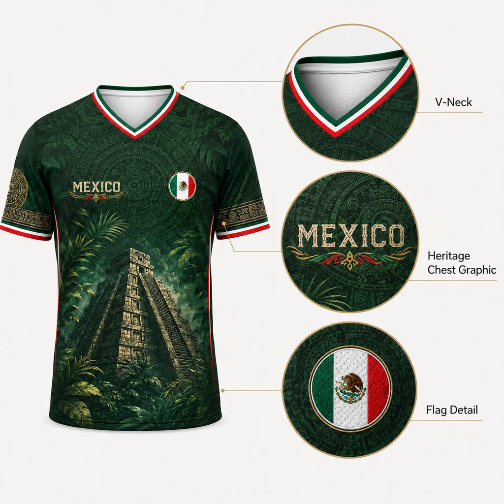 2026 Mexico Dark Green V-Neck Soccer Jersey – Aztec Calendar & Ancient Temple Graphic Tee