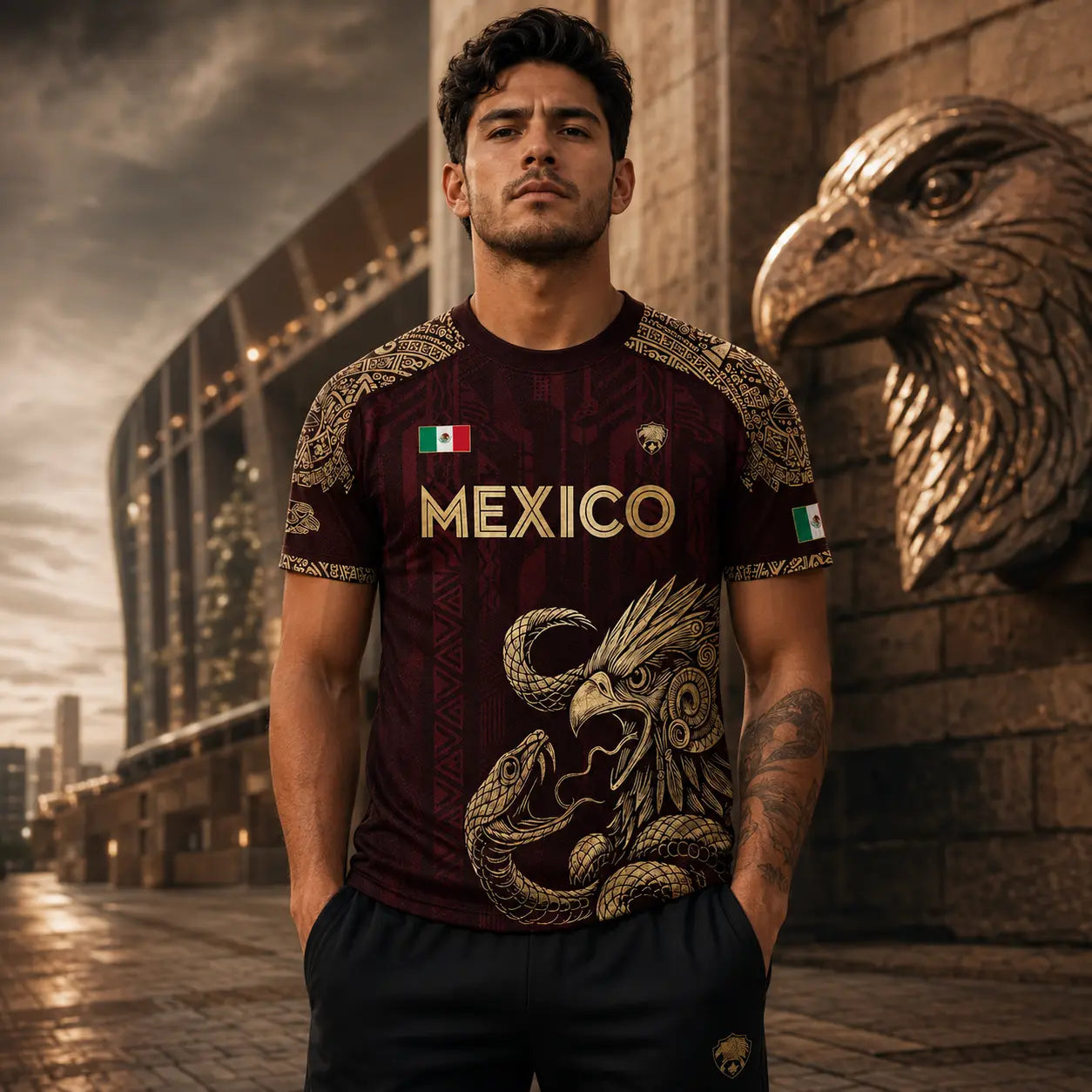 Mexico Soccer Jersey – Aztec Eagle & Serpent Graphic Shirt, Unisex Short Sleeve Burgundy & Gold Fan Apparel