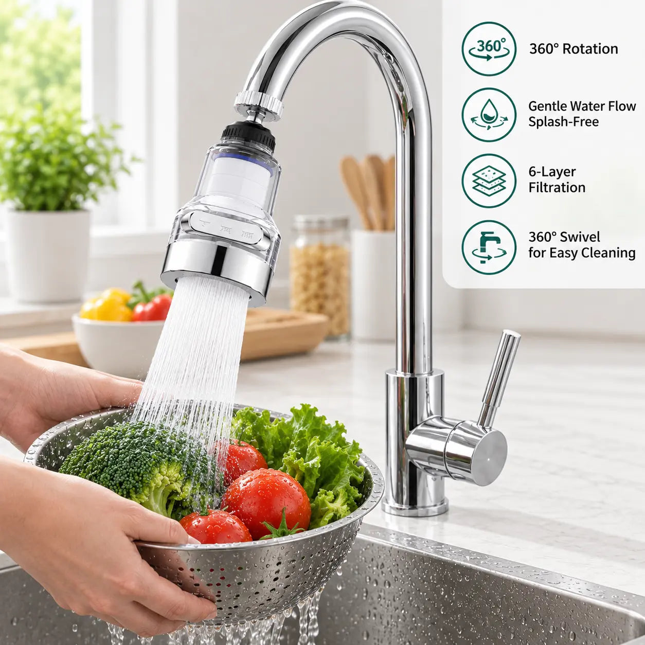 360° Rotating 6-Layer Faucet Aerator Filter – 3 Water Modes Splash-Free Sink Attachment (1-Pack)