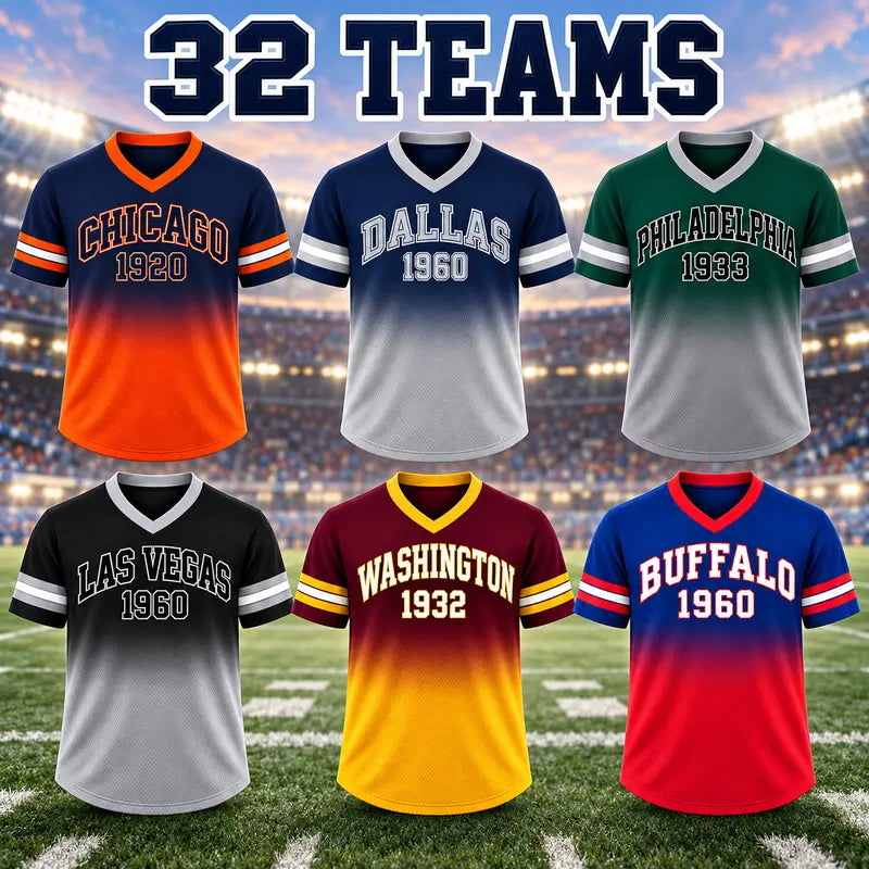 Game Day Gradient V-Neck Jersey – City Helmet Print Short-Sleeve Mesh Fan Shirt