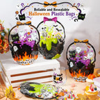 24/50-Pack Halloween Plastic Goodie Bags – Trick-or-Treat Candy Bags with Pumpkin & Skeleton Design