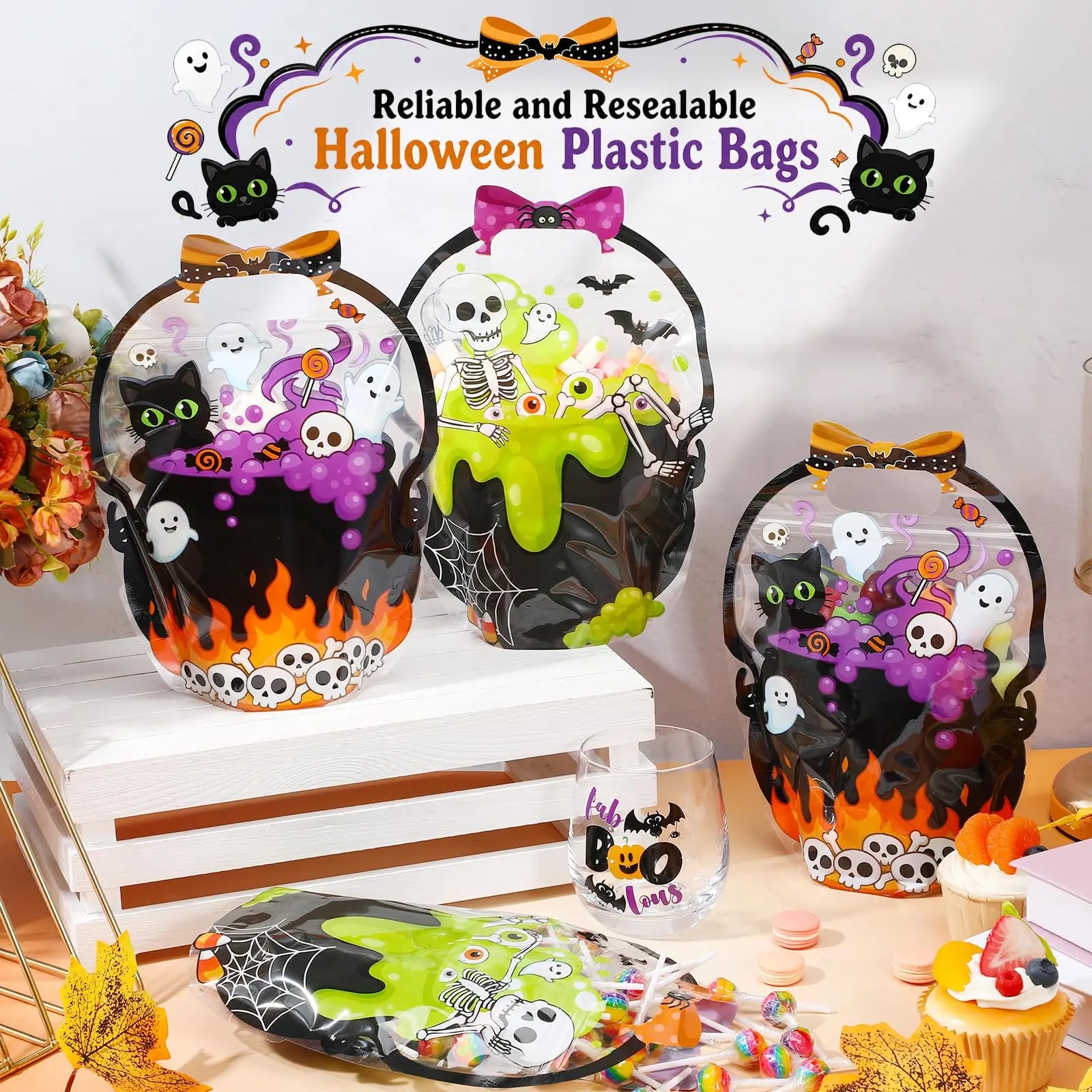 24/50-Pack Halloween Plastic Goodie Bags – Trick-or-Treat Candy Bags with Pumpkin & Skeleton Design