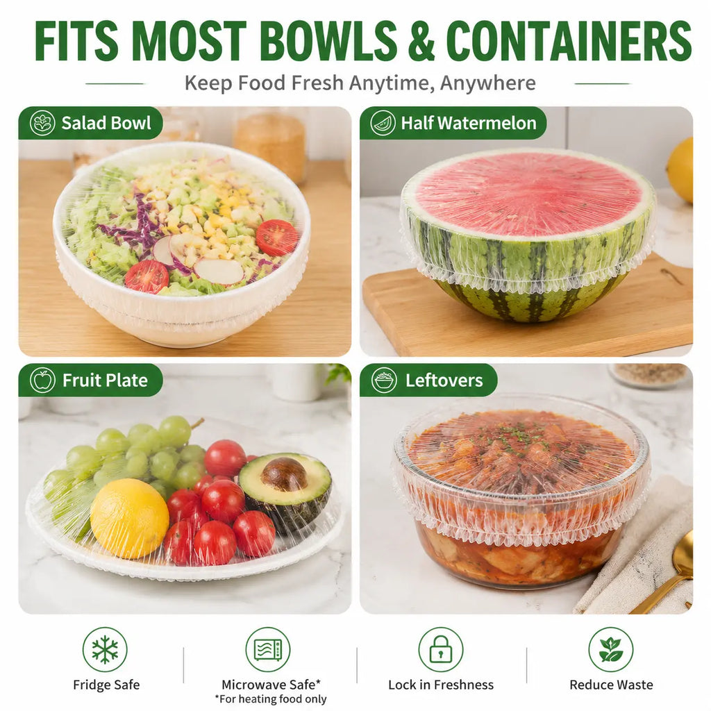 100-Pack Disposable Stretch Plastic Food Covers – Elastic Bowl Covers for Kitchen Storage