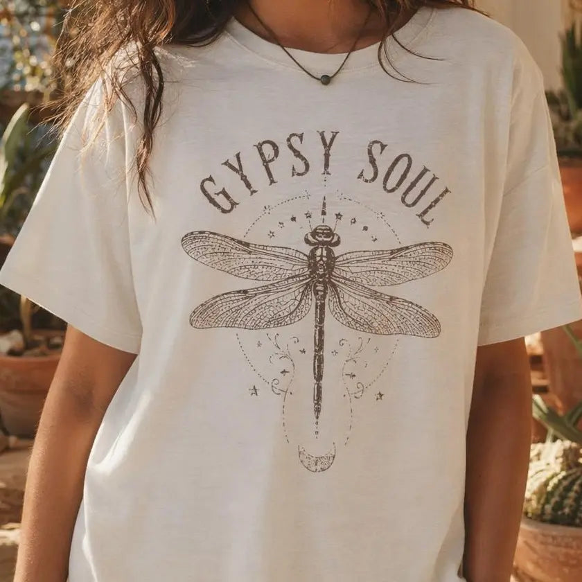 Boho Dragonfly Shirt – Vintage Mystical Gypsy Soul Graphic Tee