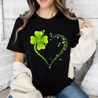 Crew Neck T-Shirt Four Leaf Clover Heart Design St Patrick's Day Celebration