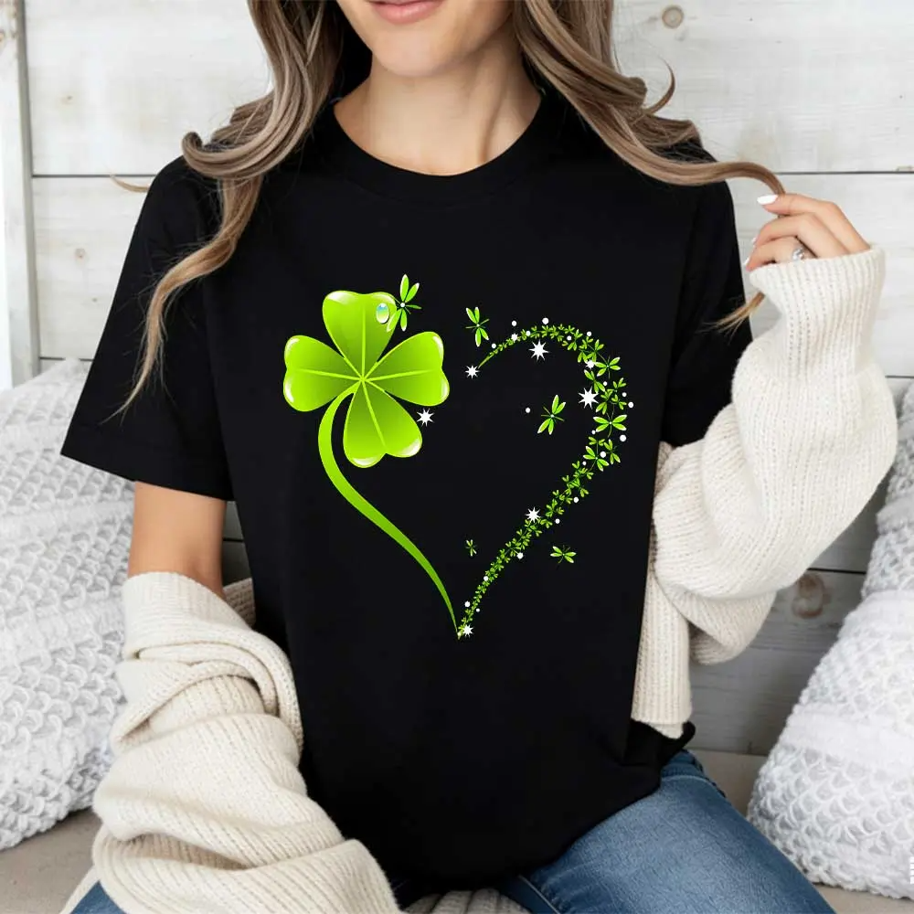 Crew Neck T-Shirt Four Leaf Clover Heart Design St Patrick's Day Celebration
