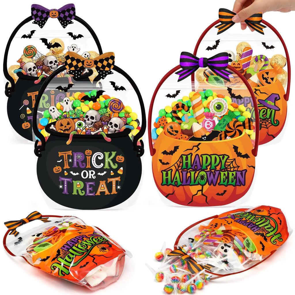 24/50-Pack Halloween Plastic Goodie Bags – Trick-or-Treat Candy Bags with Pumpkin & Skeleton Design