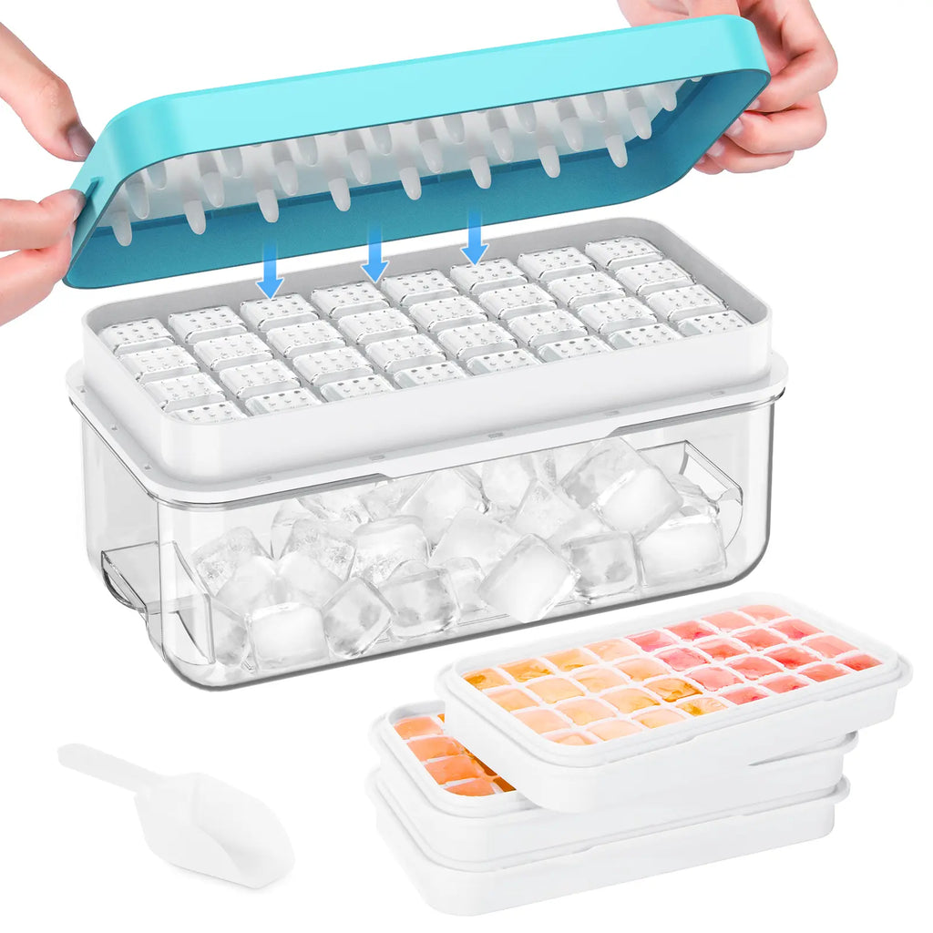Stackable Ice Cube Tray Set with Lid, Storage Bin & Scoop - BPA-Free, Easy-Release (64/96 Capacity)