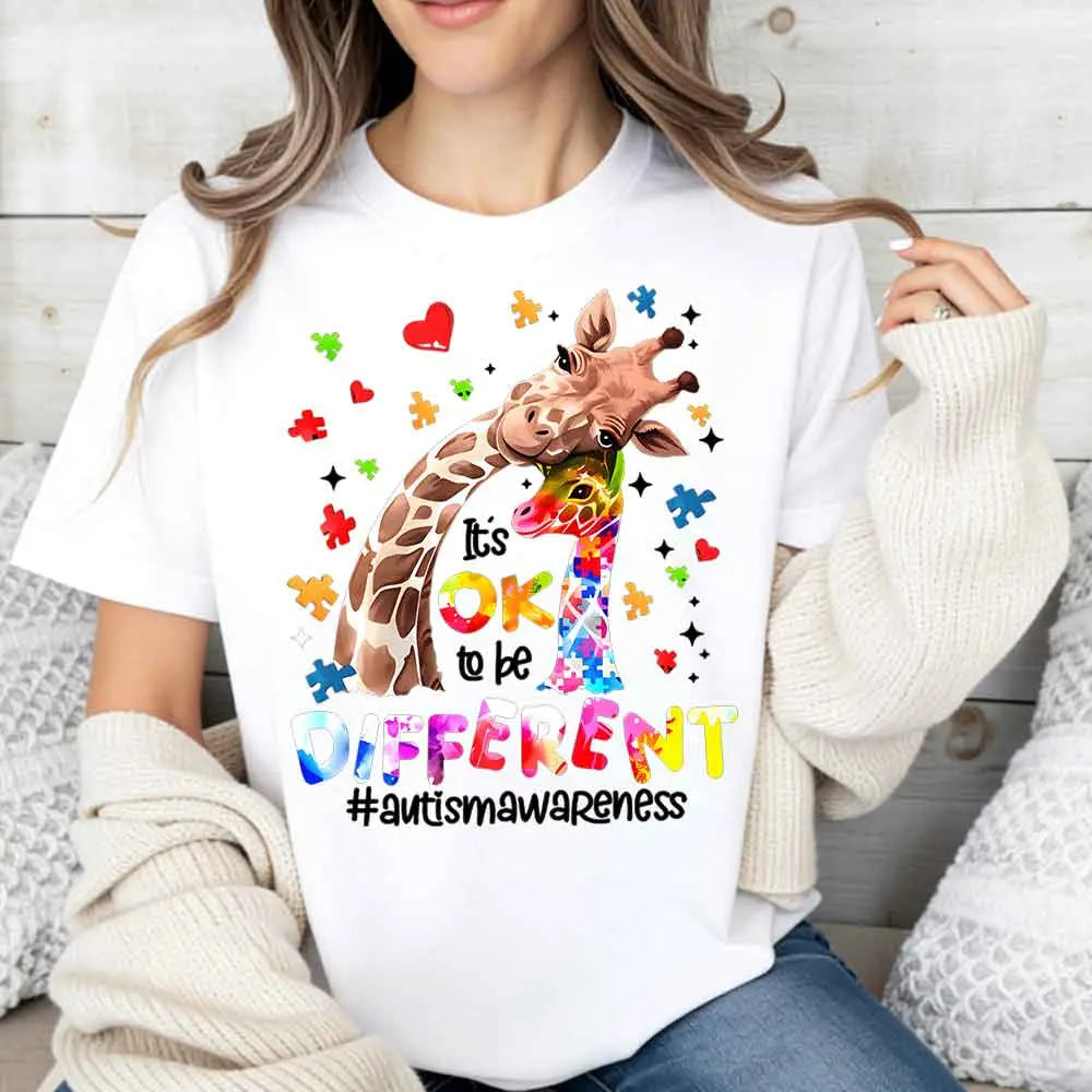"It's OK to be Different" Autism Shirt | Cute Giraffe Family Puzzle Tee