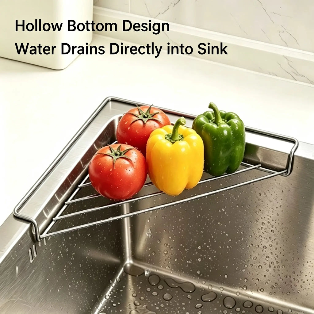 Stainless Steel Triangular Corner Sink Organizer – Open Wire Drainage Rack with Raised Edges
