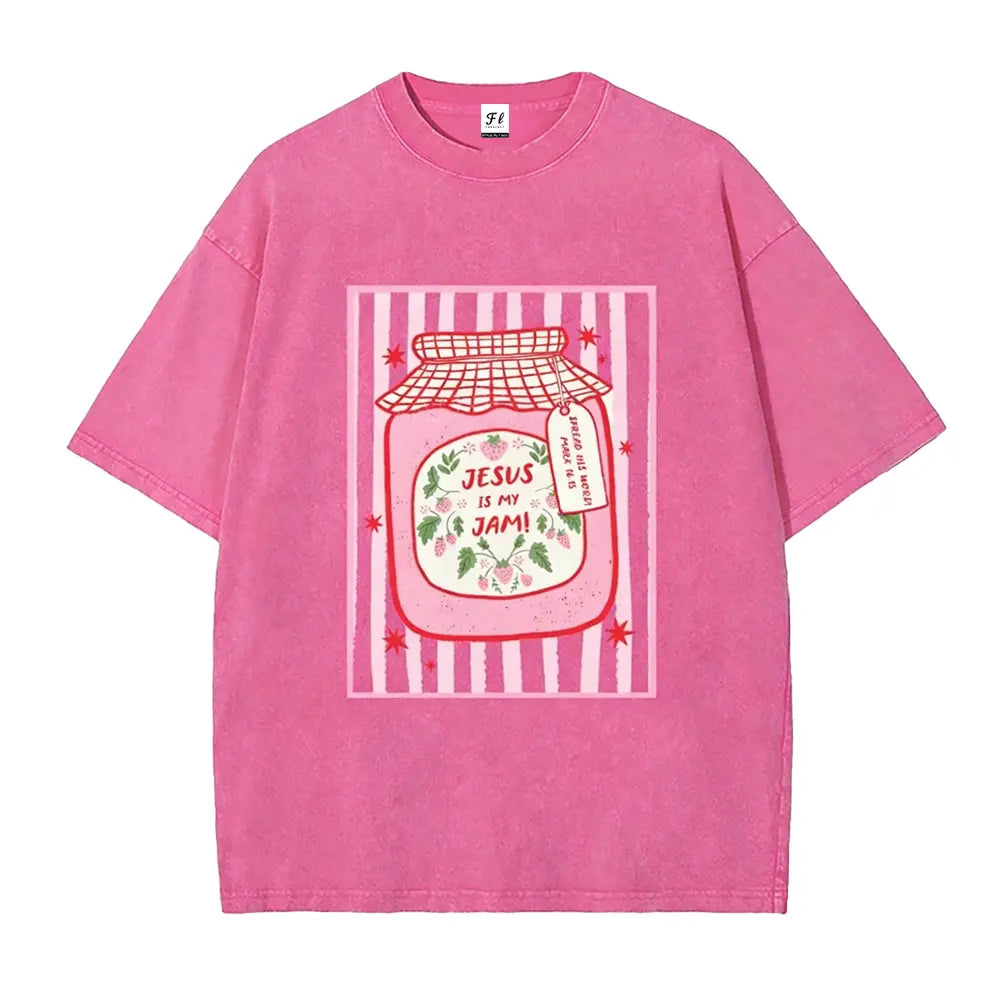 "Jesus Is My Jam" Strawberry Graphic Tee | Pink Washed Vintage Christian Shirt
